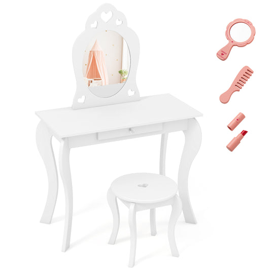 Kids Princess Makeup Dressing Play Table Set with Mirror-Off White