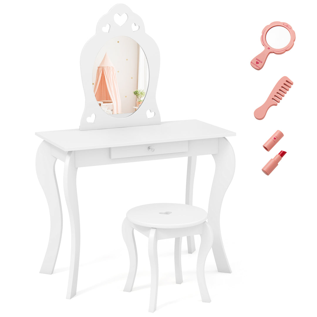 Kids Princess Makeup Dressing Play Table Set with Mirror-Off White