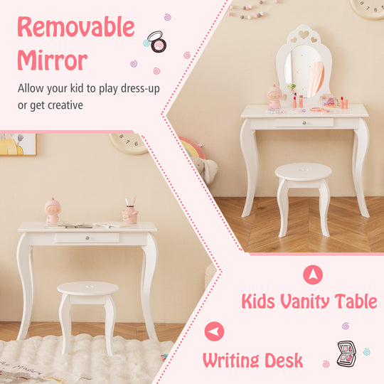 Kids Princess Makeup Dressing Play Table Set with Mirror-Off White