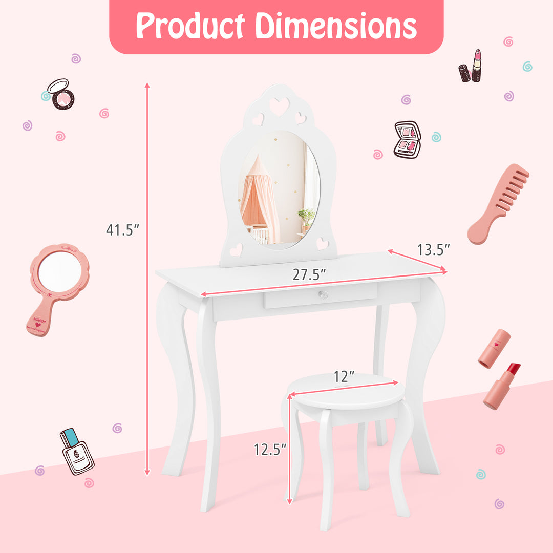 Kids Princess Makeup Dressing Play Table Set with Mirror-Off White