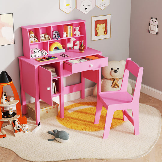 Kids Study Desk and Chair Set with Chair Hutch and Storage Cabinet for 3+ Years Old-Pink