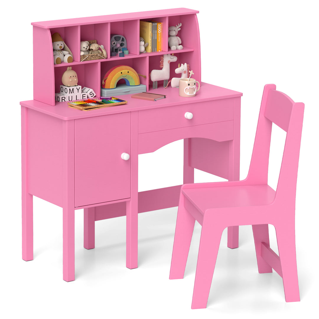Kids Study Desk and Chair Set with Chair Hutch and Storage Cabinet for 3+ Years Old-Pink