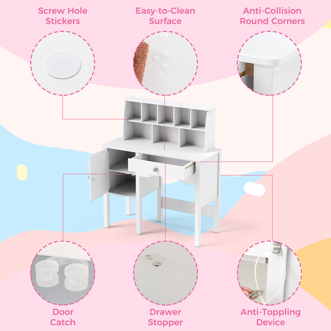 Kids Study Desk and Chair Set with Chair Hutch and Storage Cabinet for 3+ Years Old-White