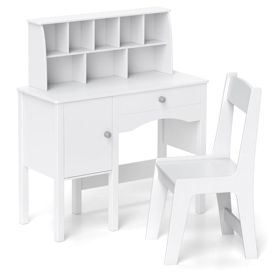 Kids Study Desk and Chair Set with Chair Hutch and Storage Cabinet for 3+ Years Old-White