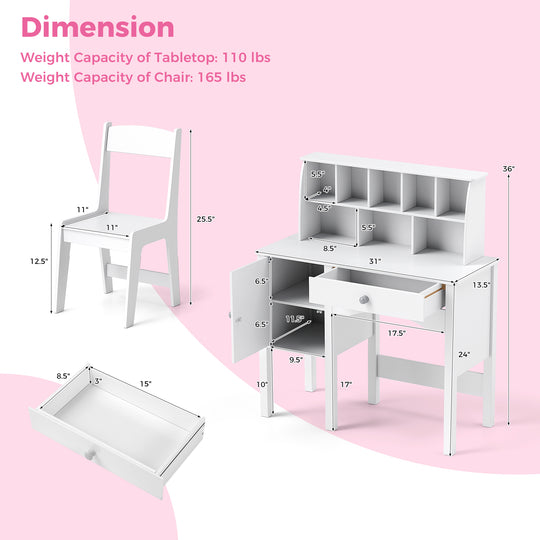 Kids Study Desk and Chair Set with Chair Hutch and Storage Cabinet for 3+ Years Old-White