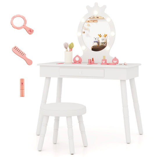 Kids Vanity Set with Lighted Mirror with Adjustable Brightness and Large Drawer-White