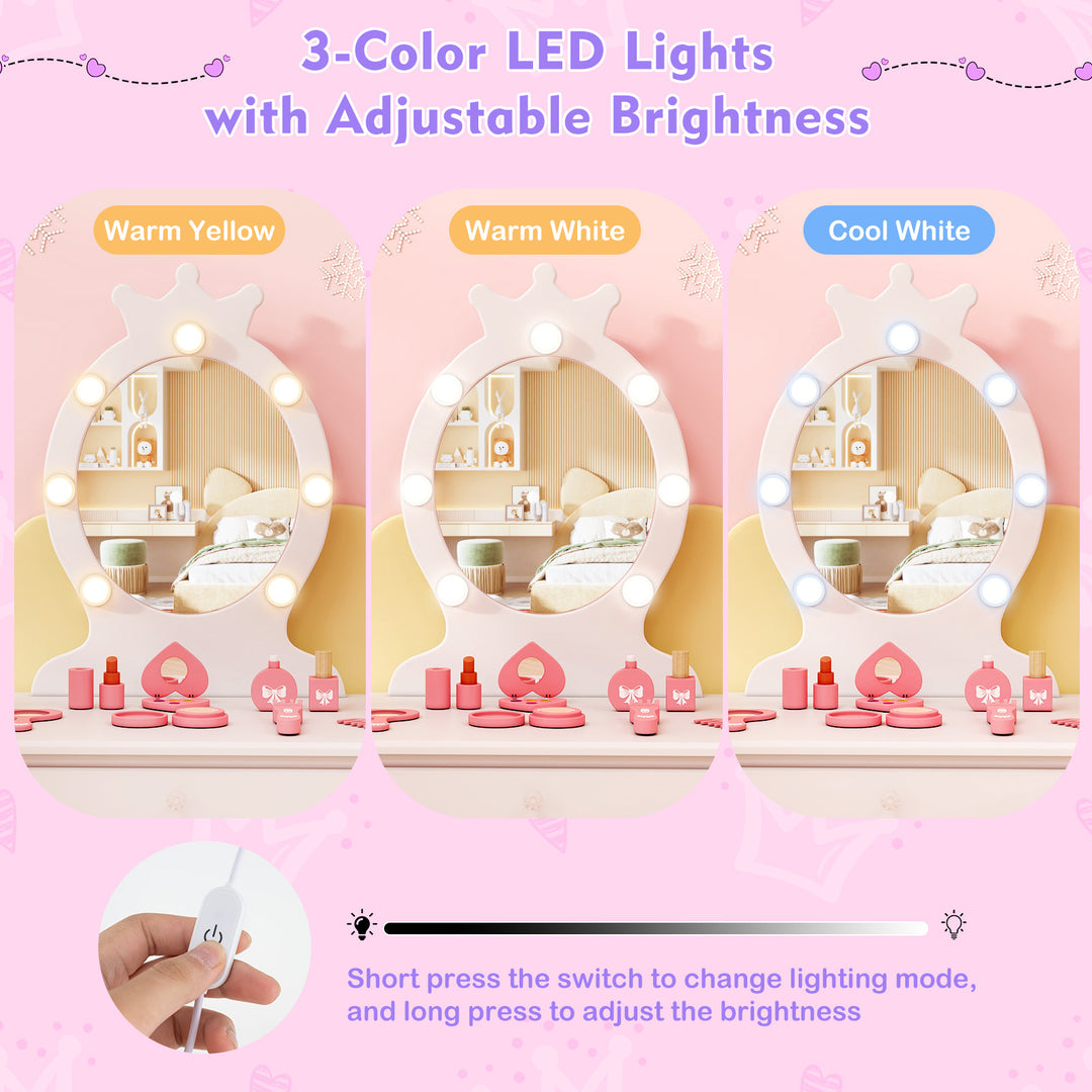 Kids Vanity Set with Lighted Mirror with Adjustable Brightness and Large Drawer-White