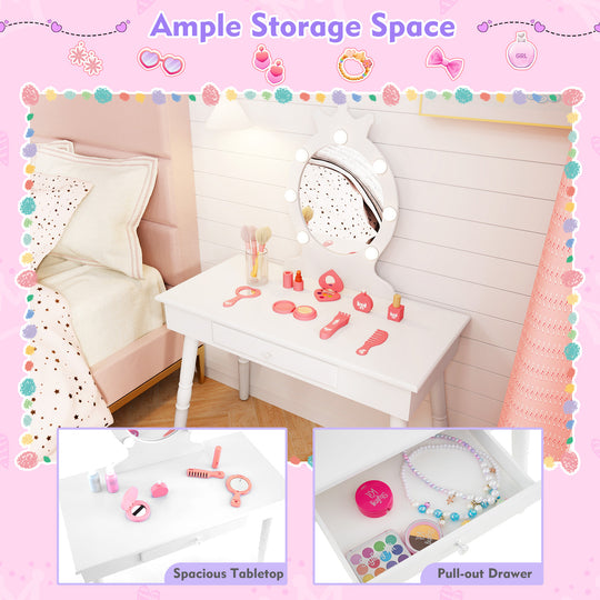 Kids Vanity Set with Lighted Mirror with Adjustable Brightness and Large Drawer-White