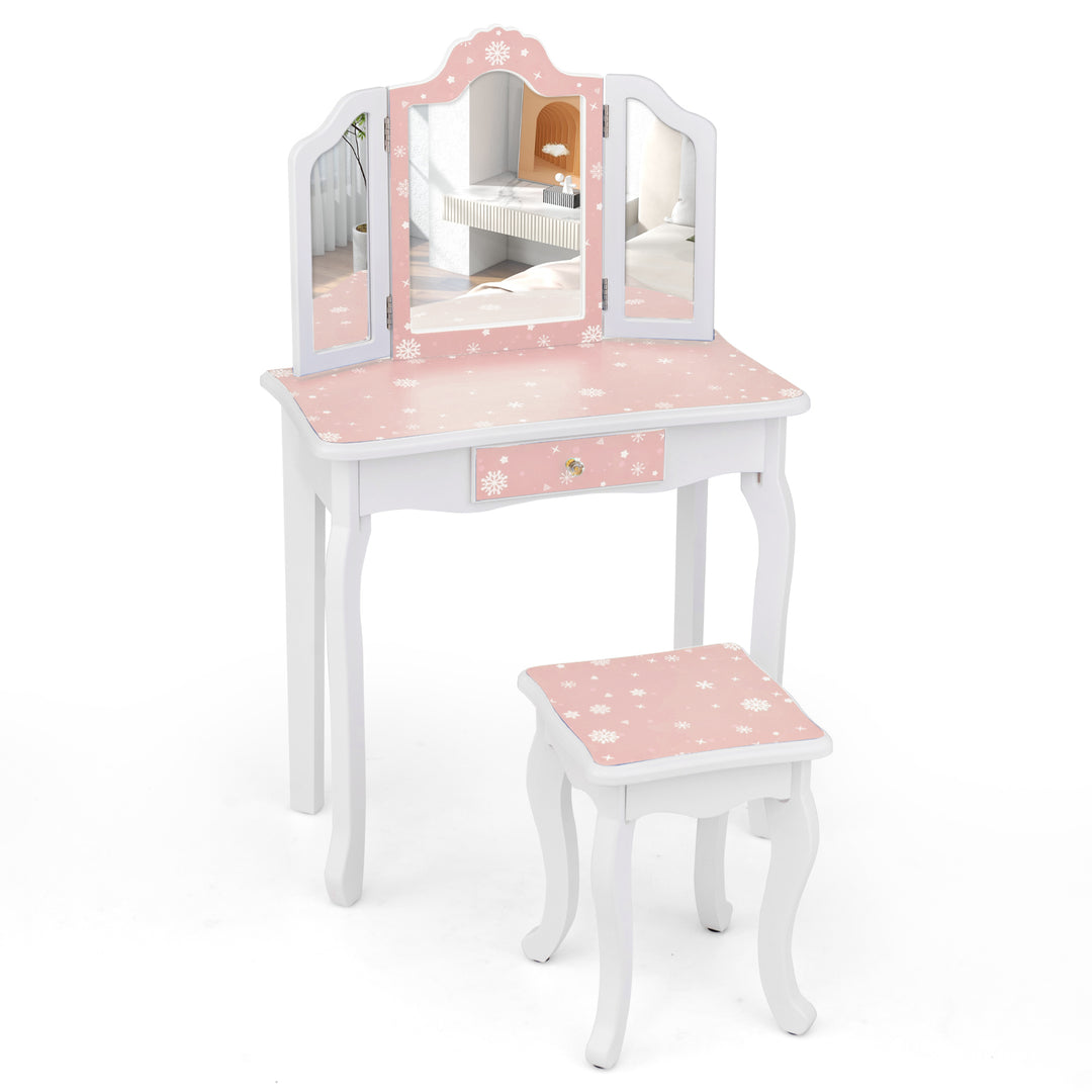 Princess Pretend Play Makeup Table and Stool Set with Tri-folding Mirror-Pink