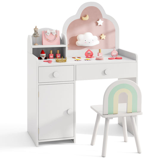 Kids Vanity Table and Chair Set with Cloud-shaped Mirror and Open Shelf-White