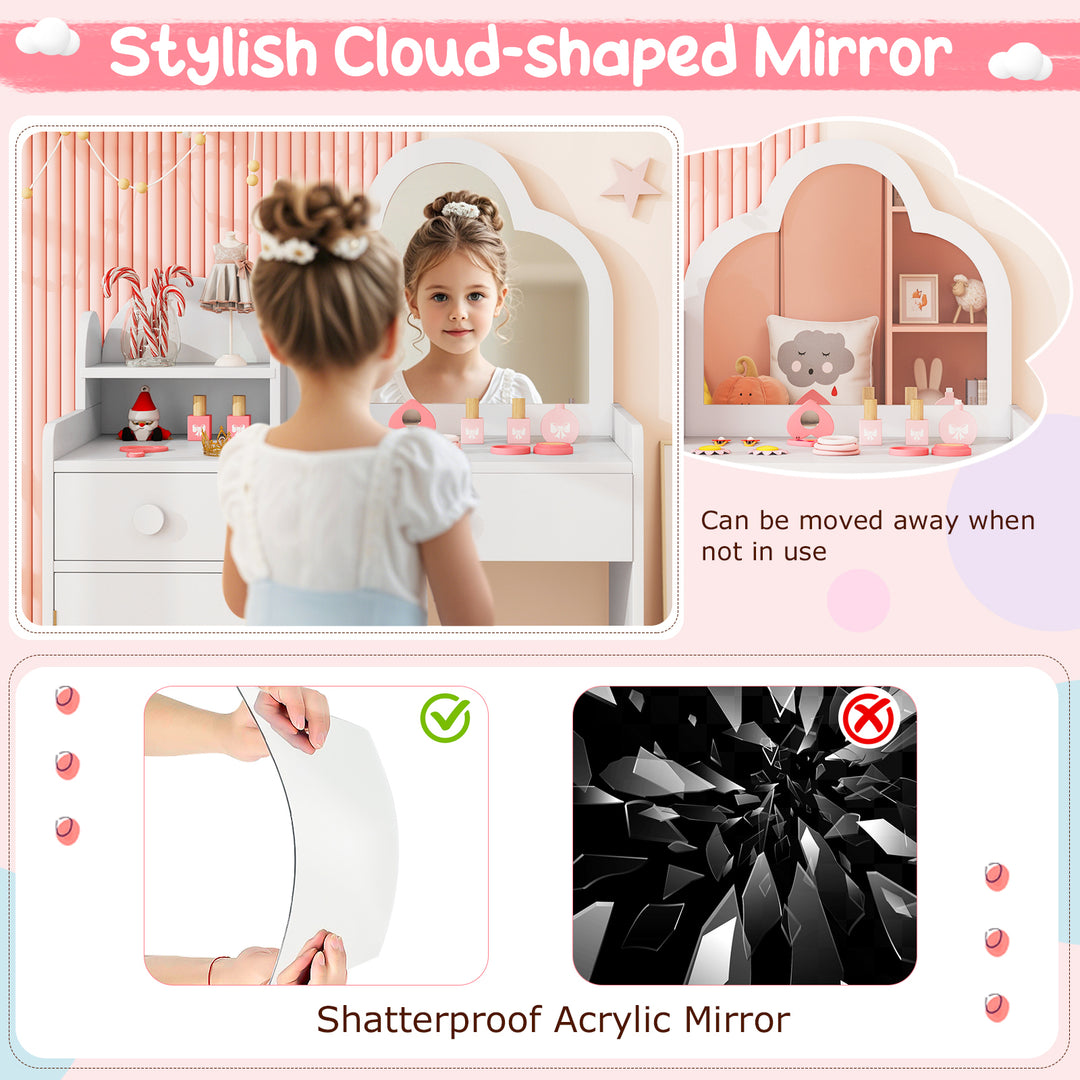 Kids Vanity Table and Chair Set with Cloud-shaped Mirror and Open Shelf-White