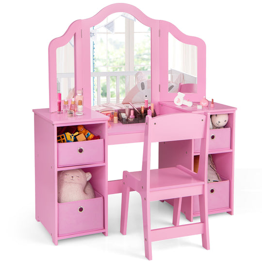 Kids Vanity Table and Chair Set with Removable Mirrors and 4 Storage Bins-Pink