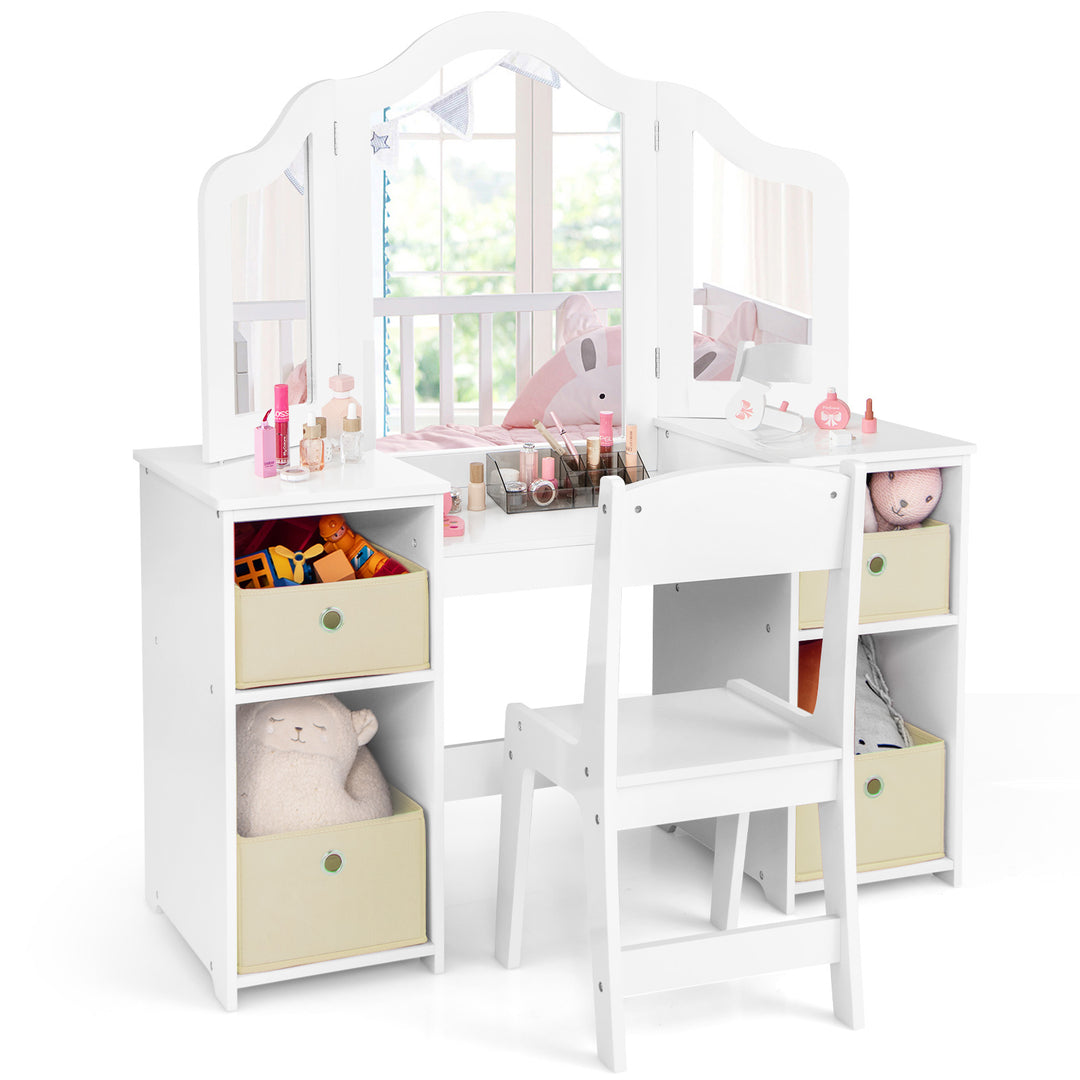 Kids Vanity Table and Chair Set with Removable Mirrors and 4 Storage Bins-White