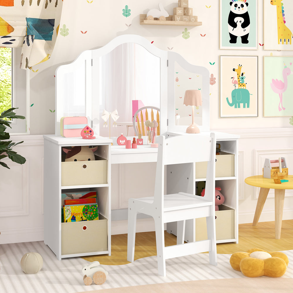 Kids Vanity Table and Chair Set with Removable Mirrors and 4 Storage Bins-White