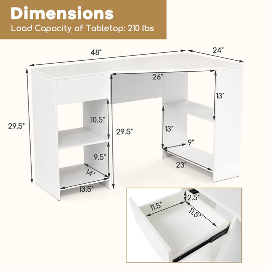 48 Inches L Shaped Corner Executive Computer Desk with Drawer-White
