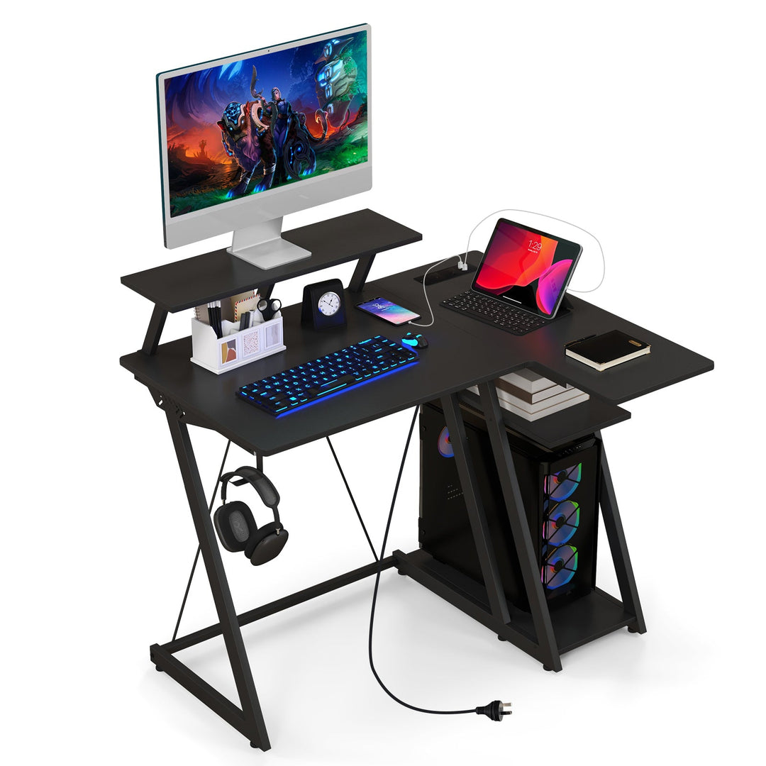 L Shaped Gaming Desk with Outlets and USB Ports