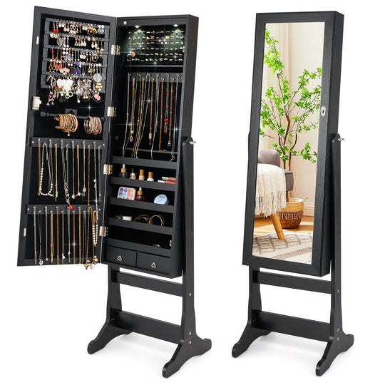 Lockable Freestanding Jewelry Cabinet Armoire with Full-Length Mirror and Lights