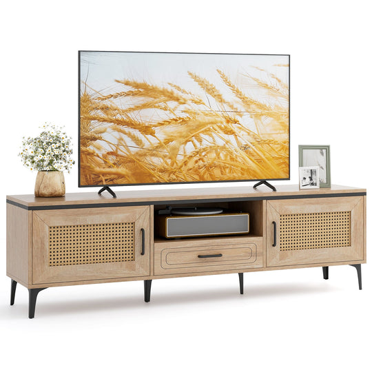 Mid Century Modern Entertainment Center with 2 Cabinets and Storage Drawer-Oak