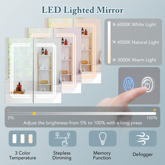 2 Doors Bathroom Mirror Medicine Wall Cabinet with Lights