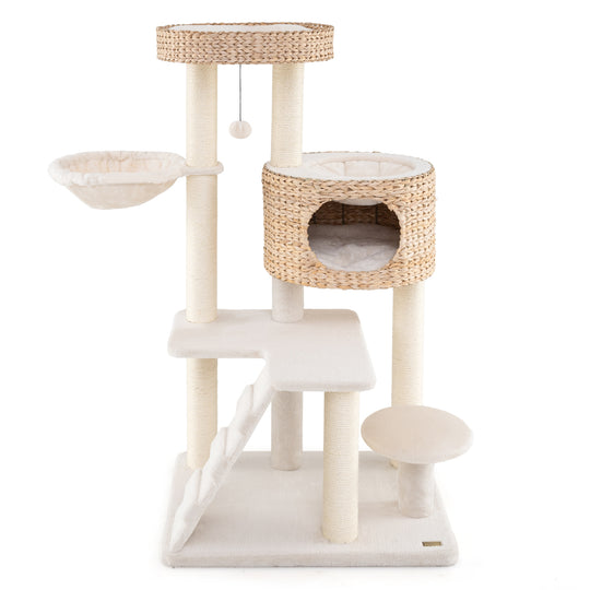 Modern Cat Tree for Indoor Cats with Cattail Fluff Condo and Top Perch-Natural