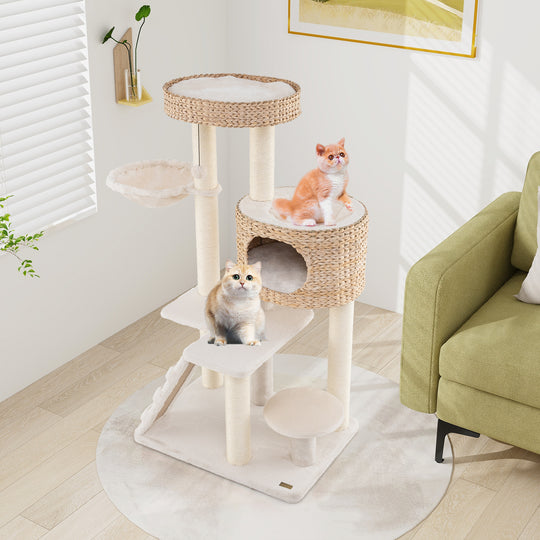 Modern Cat Tree for Indoor Cats with Cattail Fluff Condo and Top Perch-Natural