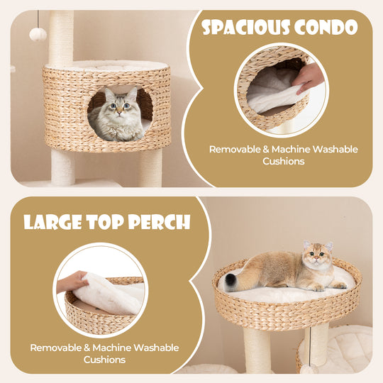 Modern Cat Tree for Indoor Cats with Cattail Fluff Condo and Top Perch-Natural