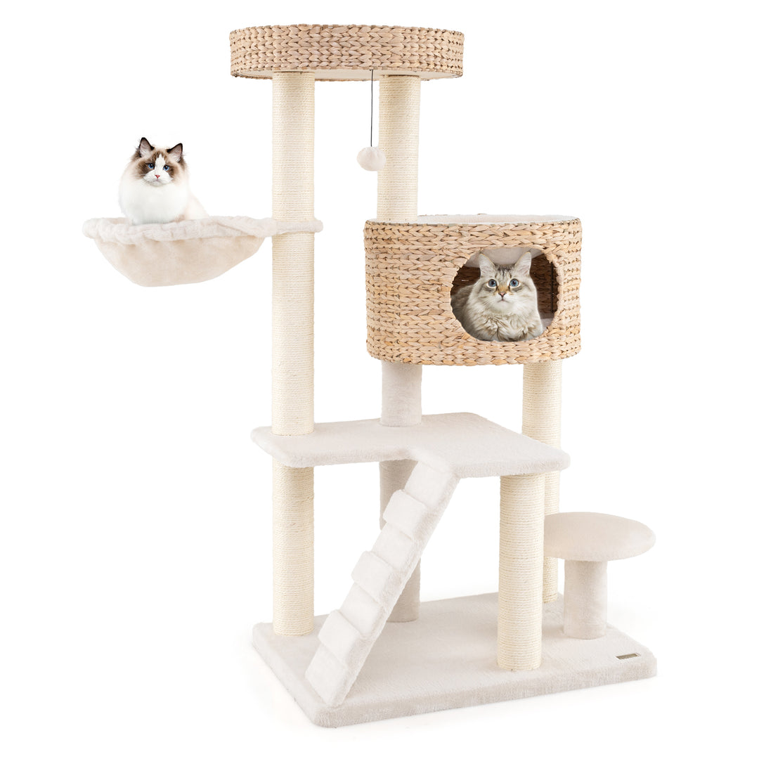 Modern Cat Tree for Indoor Cats with Cattail Fluff Condo and Top Perch-Natural