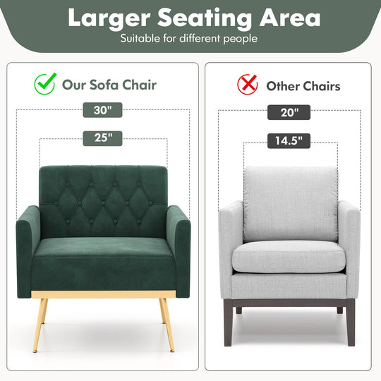 Modern Velvet Accent Chair with Button Tufted Back Golden Metal Legs and Adjustable Foot Pads