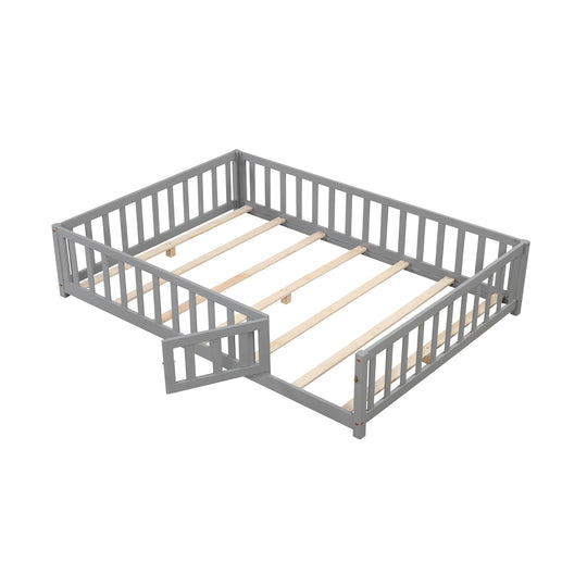 Montessori Bed Frame with Full-length Guardrails Safety Door and Latch-Gray