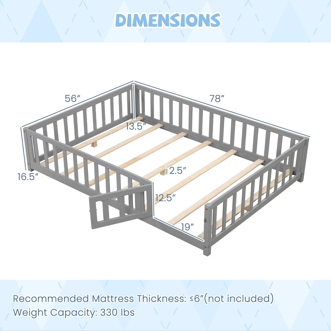 Montessori Bed Frame with Full-length Guardrails Safety Door and Latch-Gray