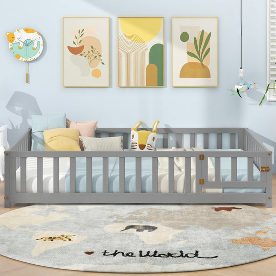 Montessori Bed Frame with Full-length Guardrails Safety Door and Latch-Gray