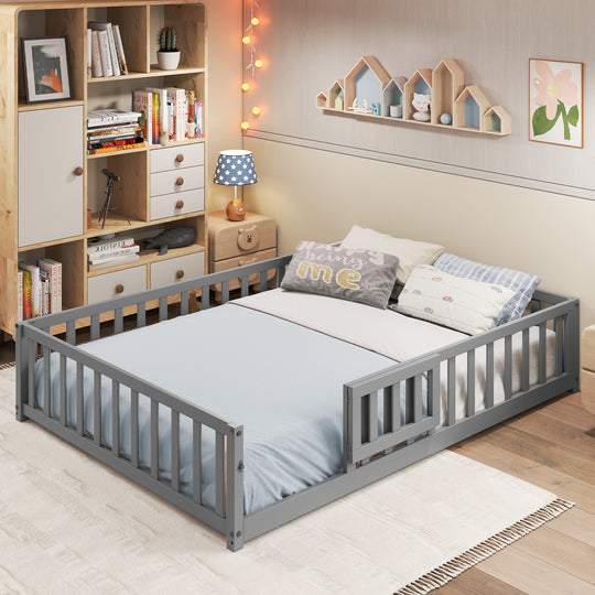 Montessori Bed Frame with Full-length Guardrails Safety Door and Latch-Gray