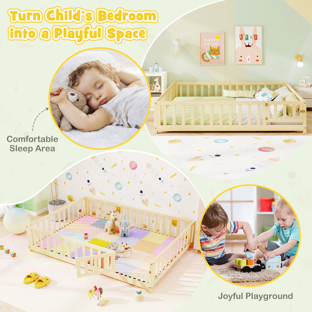 Montessori Bed Frame with Full-length Guardrails Safety Door and Latch-Natural