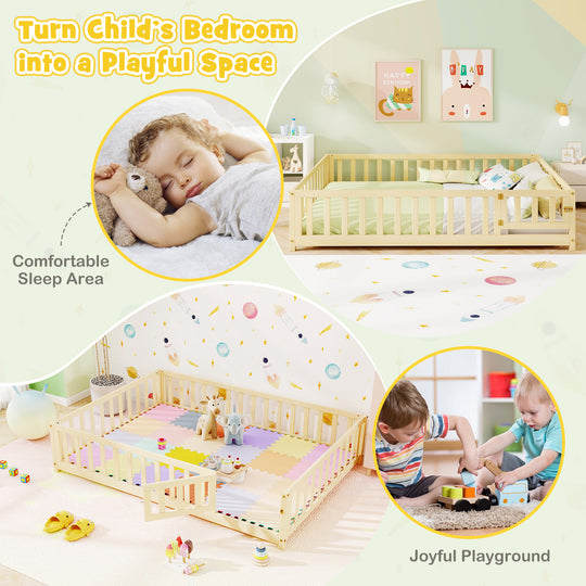 Montessori Bed Frame with Full-length Guardrails Safety Door and Latch-Natural