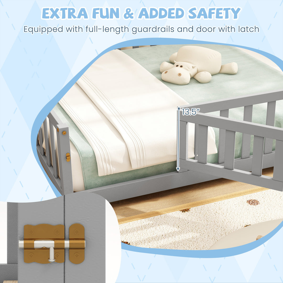 Montessori Bed Frame with Full-length Guardrails Safety Door and Latch-Gray