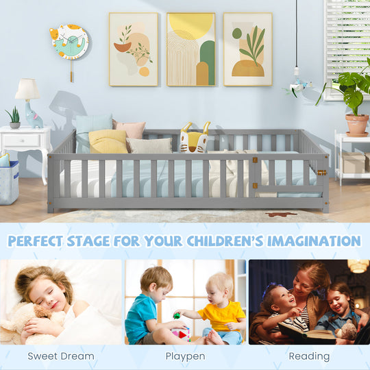 Montessori Bed Frame with Full-length Guardrails Safety Door and Latch-Gray