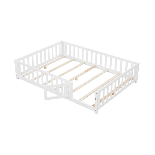 Montessori Bed Frame with Full-length Guardrails Safety Door and Latch-White