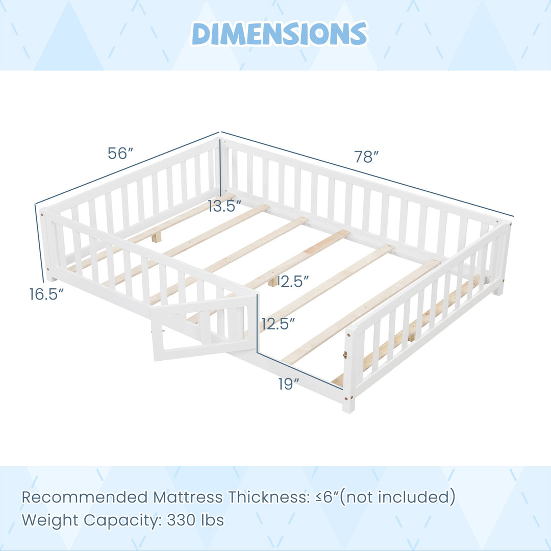 Montessori Bed Frame with Full-length Guardrails Safety Door and Latch-White