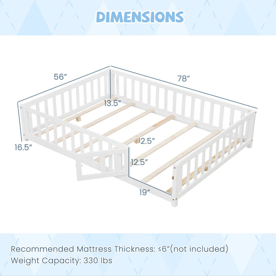 Montessori Bed Frame with Full-length Guardrails Safety Door and Latch-White