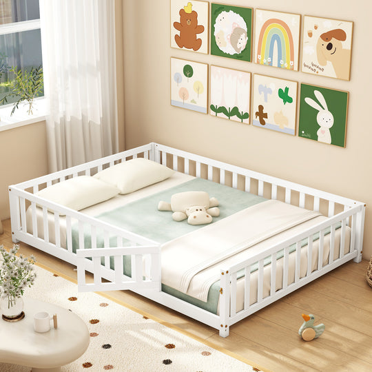 Montessori Bed Frame with Full-length Guardrails Safety Door and Latch-White