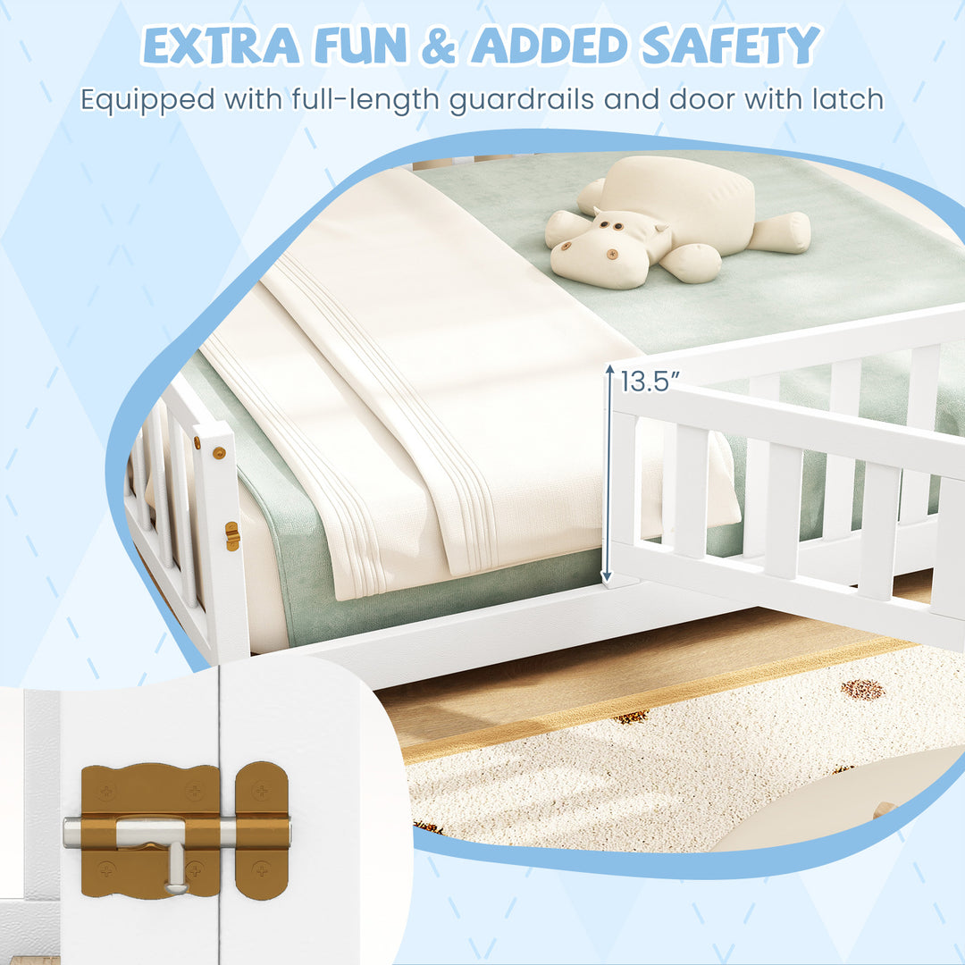Montessori Bed Frame with Full-length Guardrails Safety Door and Latch-White