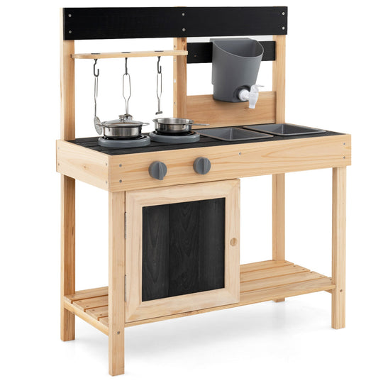 Mud Kitchen Playset Kids Play Kitchen Outdoor with 2 Removable Sinks-Natural