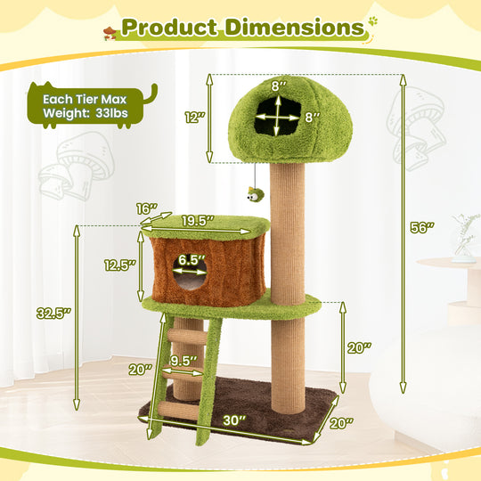 Cute Cat Tree for Indoor Cats with Mushroom-shaped Nest Condo and Climbing Ladder-Green