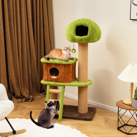 Cute Cat Tree for Indoor Cats with Mushroom-shaped Nest Condo and Climbing Ladder-Green