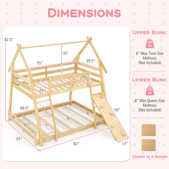 Twin Over Queen Bunk Bed Wooden Kids Bed with Climbing Nets and Ramp-Natural