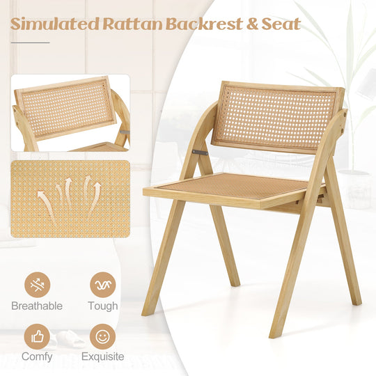 Foldable Dining Chairs Set of 2 with Woven Rattan Backrest