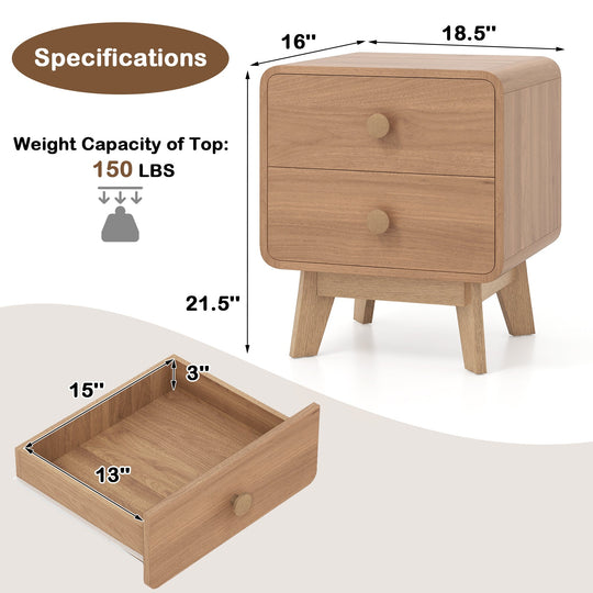 Nightstand with 2 Drawers Solid Rubber Wood Legs