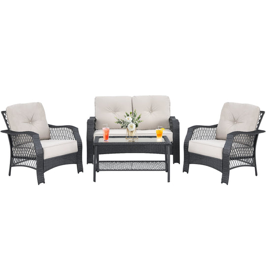 4 Pieces Patio Wicker Furniture Set Loveseat Sofa Coffee Table with Cushion-Beige