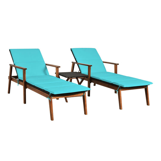 3 Pieces Portable Patio Cushioned Rattan Lounge Chair Set with Folding Table