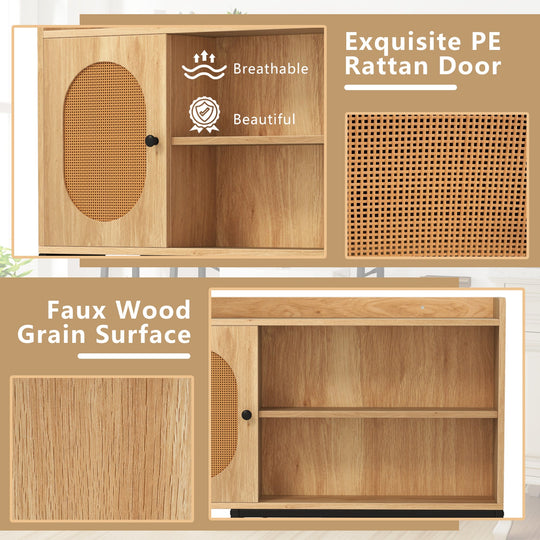 Over The Toilet Storage Cabinet with PE Rattan Door and Open Storage Shelves-Natural
